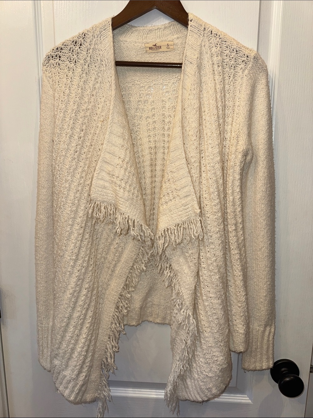 Hollister Cream Fringe Open-Front Knit Cardigan